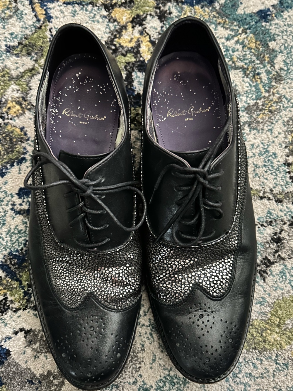 Robert Graham Wingtip Oxford Black Silver Lace Up Shoes Sz 10.5